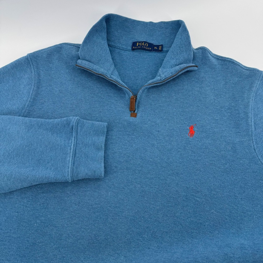 Polo Ralph Lauren Quarter Zip Pullover Mens XL Blue Cotton Pony Logo Sweater - Picture 1 of 10